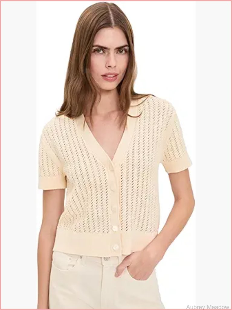 V-Neck Short Sleeve Ribbed Cardigan Lightweight Open Knit